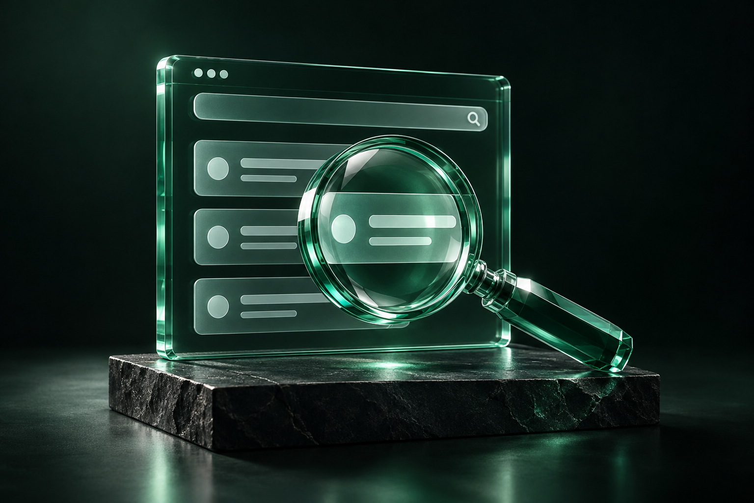Loupe en verre émeraude sur une interface de recherche