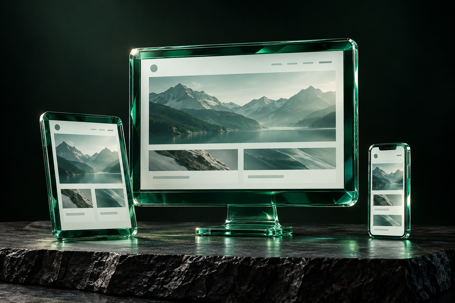 Trio d’écrans en verre émeraude illustrant un site adapté aux différents appareils
